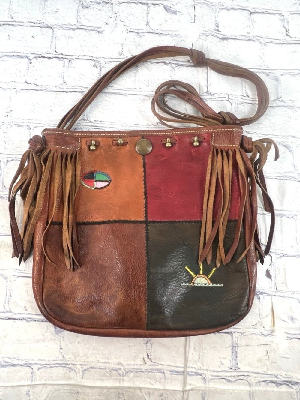 vtg 70's Felisi made in Italy crossbody messinger bag embroidered/fringe boho - Picture 10 of 13
